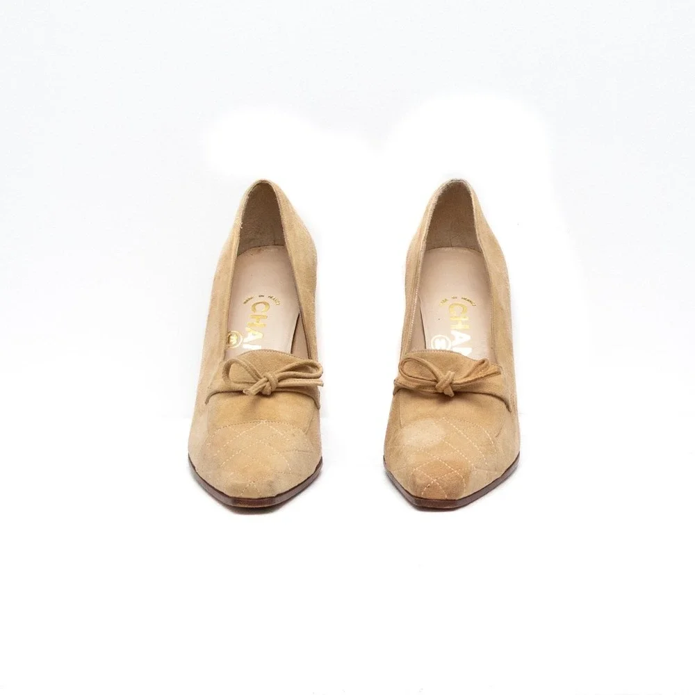 Vintage Chanel Beige Brown Quilted Cap Toe Suede Block‎ Heel PUMPS Size EU36/US6